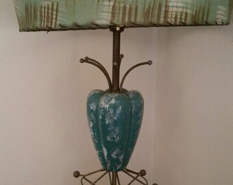 1950s Turquoise PAIR of Lamps and Fiberglass Lampshade