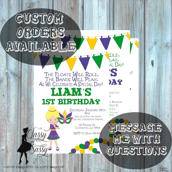 Mardi Gras Birthday Party Invitation, Mardi Gras Party, Parade party, New Orleans Baby, New Orleans Birthday Invitation-202