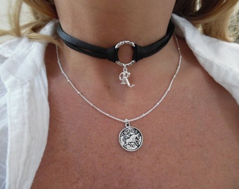 Black Deerskin Choker/Silver Chain Necklace with Charms
