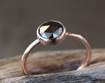 Rose Gold Black Diamond Ring, Rose Cut Diamond, 14k Rose Gold Band, Black Diamond Engagement Ring, Conflict Free, Pink Gold Ring