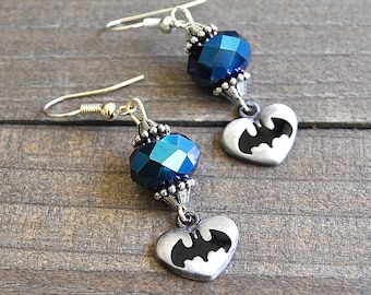 Batman Earrings Superhero Style Heart Silver Blue Batman Crystal Sterling Silver Earwires Gotham Fans Megacon Comic Book Lover Earrings