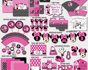 Pink and Black Polka Dot Minnie Mouse Birthday Party Printables, Pink Polka Dot Minnie Mouse Party Decorations, Minnie Mouse Party Decor