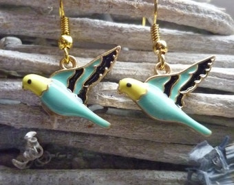Enamel Bird Earrings, Parrot Earrings, Tropical Earrings, Budgerigar Earrings, Bird Jewellery, Summer Holiday Jewellery,