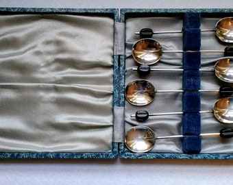 Coffee Spoons Vintage Black Coffee Bean Spoon Set EPNS Silver Plate in Original Box Art Deco