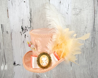 Peach and Cream Flower Cameo Empress Collection Large Mini Top Hat Fascinator, Alice in Wonderland, Mad Hatter Tea Party, Derby Hat