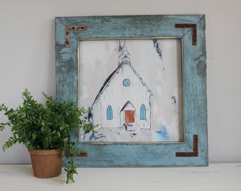 Fine Art Print, Giclee Print, Country Church Painting, Abstract Art Print, Farmhouse Style, Neutral Painting, Blue