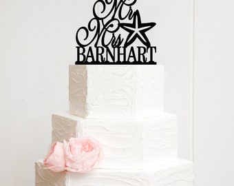 Mr and Mrs Starfish Wedding Cake Topper with YOUR Last Name Beach Nautical Wedding Cake Topper
