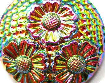 Czech glass BUTTON, Iridescent vitrail flowers, 1 inch, 27mm.