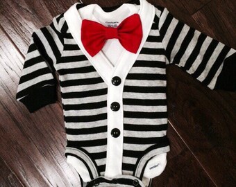 Preppy Baby Boy Cardigan, Onesie + Bow Tie Set