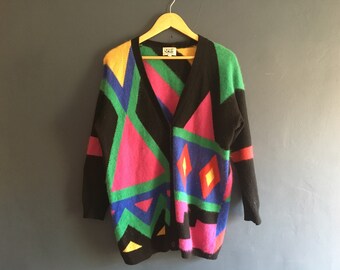 Bright Multicoloured 80s Soft Lambswool blend Cardigan M-L