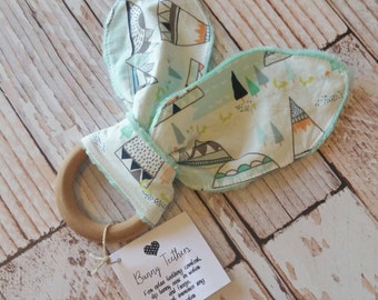 Teething Bunny - Baby Teething Toy - Wooden Teething Toy - Wood Teething Ring - Baby Shower Gift - Baby Stocking Stuffer - Bunny Ear Toy