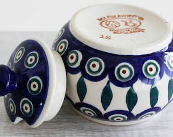 Polish Pottery Sugar Bowl - Hand Painted - Blue and White Ceramic