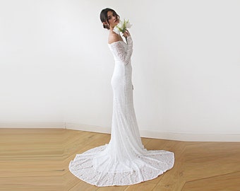 Ivory Wedding Dress with a Train, Sweetheart Cleavage Dress, Floral Lace Maxi Dress, Mermaid Dresses with Long Train, 1193