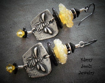 Pewter and Lampwork Beaded Earrings-Honey Bee Pewter Charms-Bee Earrings-Artisan Earrings-Tribal-Primitive-Rustic Earrings-SRAJD