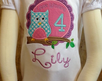 Look Who's owl birthday applique ruffled shirt.