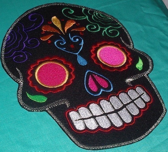 Sugar Skull embroidery patch 8X10 in. black multi pink eyes Dia de los Muertos
