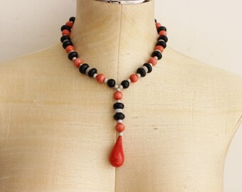Vintage 1990s Antica Murrina Statement Lariat Y Necklace Venetian Glass Orange Black Silver