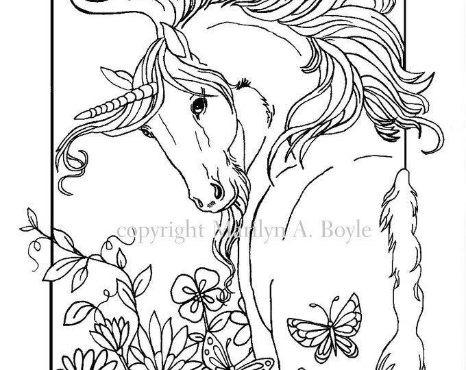 ADULT COLORING PAGE Digital Download Unicorn Flowers Butterfly Garden Fantasy