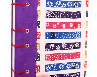 Lay Flat Journal - Unlined Journal - Purple, Red and Blue Squares - Japanese Katazome Paper - 160 Pages - handmade by Ruth Bleakley