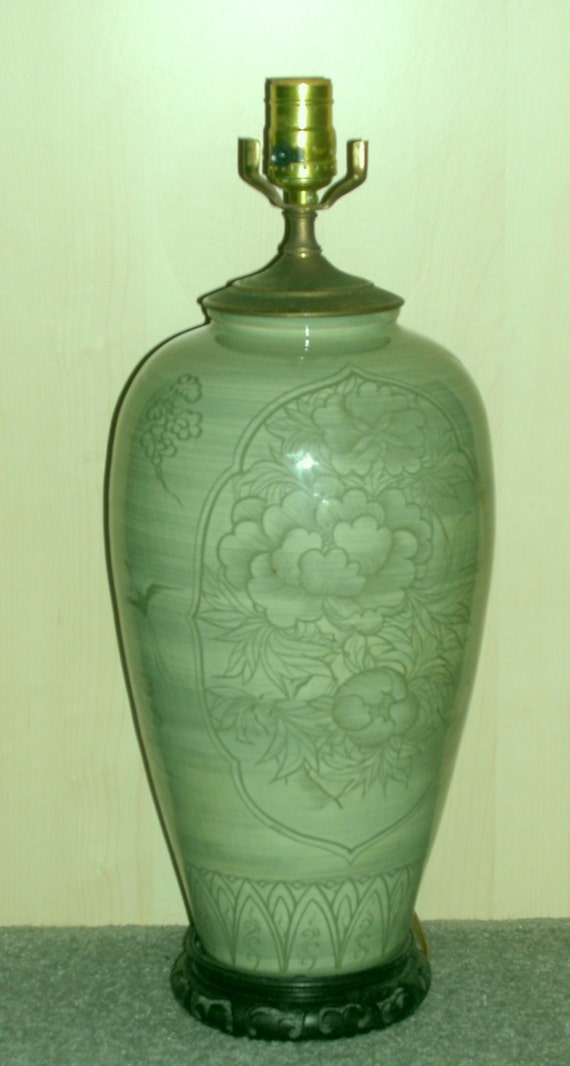 Korean Celadon Vase Lamp Cranes & Peonies Vintage Mint