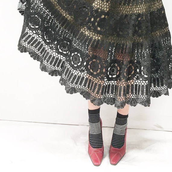 Double Circle Round Crochet Lace Skirt LOLA DARLING Black Leather Effect Canvas Black Satin Recovered fabrics Hand made in Italy Unique