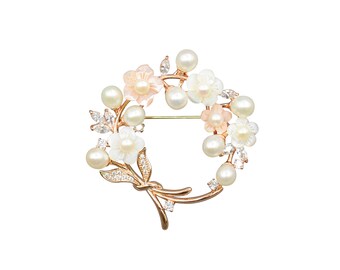 Bouquet - Brooch Pin with Lustrous White Freshwater Pearl