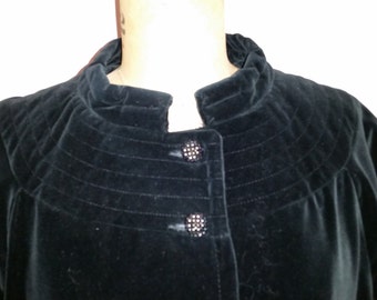 Vintage Formal Evening Coat 1960's Black Velvet Swing Evening Coat Mandarin Stand Up Collar Fancy Buttons Made by Saxton Hall Size L