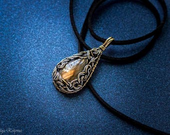 Silver pendant Gold necklace Gothic pendant Labradorite pendant Brass necklace Mixed Metal Necklace Wire wrapped pendant