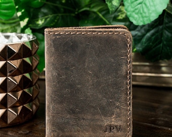 Antique Brown Minimalist Wallet, Distressed Leather Slim Bifold Wallet, Personalized Leather Wallet, Perfect Gift - Knox | Antique Brown