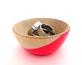 Neon pink wood dish, jewelry dish, ring cup, mini jewelry holder, painted wood dish, dipped wood, pinch bowl, tiny wood bowl