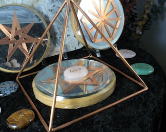 6" Copper Pyramid Collection with Mirror/Copper/Wood 5" grid base and Word Stone