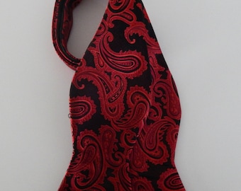 Mens Bow Tie Red Paisley On Black Adjustable Neck Self Tie Bow Tie