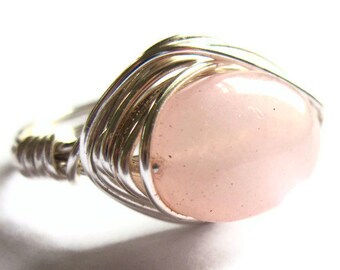 Rose Quartz Sterling Silver Ring Wire Wrapped Fashion Jewelry
