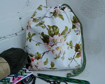 Floral knitting bag, Knitting project bag, Yarn storage bag, Medium drawstring knitting bag, Craft Bag, Sock progect bag, Knitters gift bag