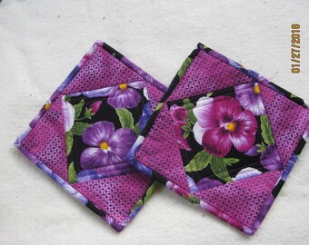 Pot Holders - Quilted - Hot Pads - Pansies on Black