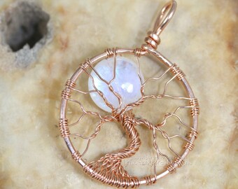 14k Rose Gold Rainbow Moonstone Necklace Tree of Life Pendant Luxury Rose Gold Necklace Celestial Full Moon Wire Wrapped Jewelry Pink Gold