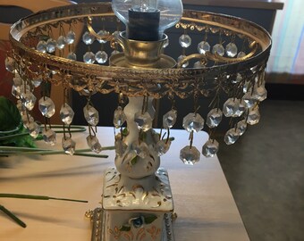 Old table lamp, metal brass crystal, vintage lamp, porcelain lamp
