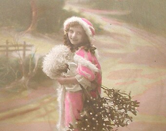 1910s French Postcard, Edwardian girl with mistletoe. RPPC real photo postcard, paper ephemera.