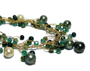 Green Pearl Dangle Necklace , Delicate Necklace