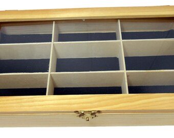 15 X 8 X 2-1/2 Inch Pine Wood Display Box With 9 Divided Sections And Clear Lid: TJ05-11147