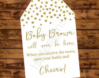 Gold Baby shower tag, personalized confetti gold baby is coming tag , printable baby shower gift tags, mini champagne bottle favor tags