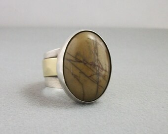 Hand forged Rustic sterling silver and brass ring with Picasso jasper Size 12.5 US - sterling silver jewelry- rustic ring- mens ring