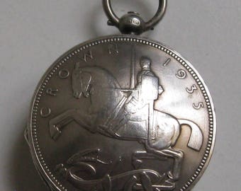 Antique Silver Pocket Watch Case & Silver 1935 Crown Coin Pill Box / Snuff Box / Stash Box / Keepsake Handcrafted
