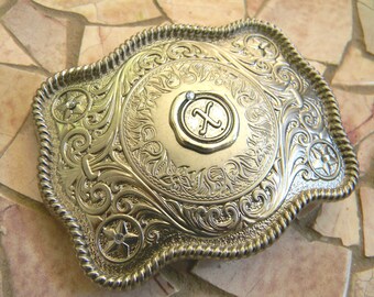 Monogram 3 Initial Personalized Silver Belt Buckle Western