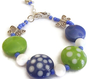 Blue Green Glass Bead. Polka Dot Bracelet. Butterflies. Summer Jewlery. Spring. Whimsical B36