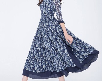 floral dress women, blue chiffon dress, womens summer dress, maxi dress, party dress, ruffle dress, square neckline dress, gift ideas 1751