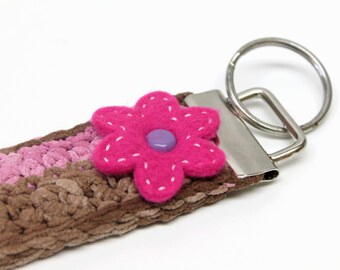Pink/brown crocheted key chain/keyfob,pink felt flower applique,brown/pink keyfob,