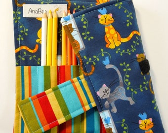 Pencil Holder - Cats and Stripes, Pencil Roll, Organizer, Pencil roll-up case
