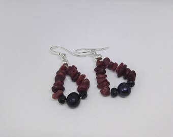 Genuine Ruby and Black Pearl Sterling Silver Earrings