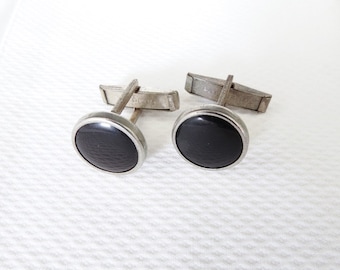 Vintage silver tone metal cufflinks with black onyx inserts